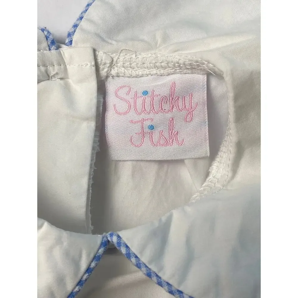 Sticky Fish Easter Egg White Blue Gingham 100% Cotton Romper Infant Size 12M